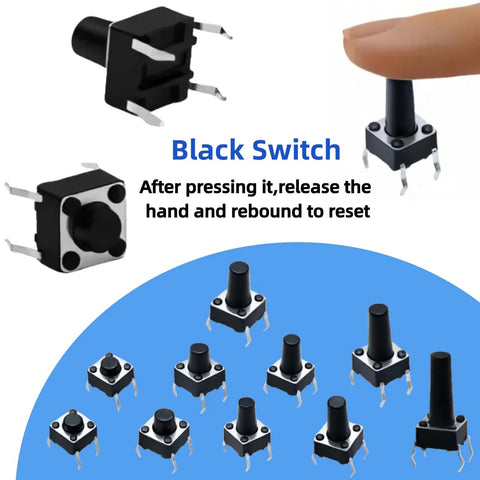 250 Piece 10 Value 6x6mm Tactile Push Button Switch Kit For Arduino And Breadboard Projects, close-up of black micro momentary 4 pin tact switch