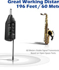 Wireless Saxophone Microphone System Clip On Instrument Microphone For Sax And Trumpet With Preset EQ And Echo Level Up To 196 Feet Transmission Rechargeable Transmitter And Receiver Four Point Five Hour Battery Life For On Stage Gigs