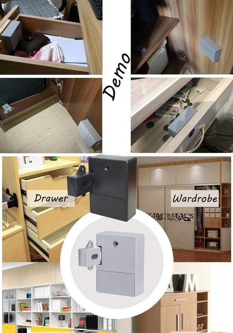 Hidden RFID Electronic Cabinet Lock for Wooden Cabinets, Drawers, and Cupboards in use on various wooden storage units, black