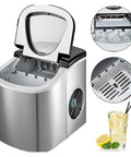 Countertop Ice Maker Automatic Portable For Home One Touch Operation, silver design with ice bin, ideal for home use.