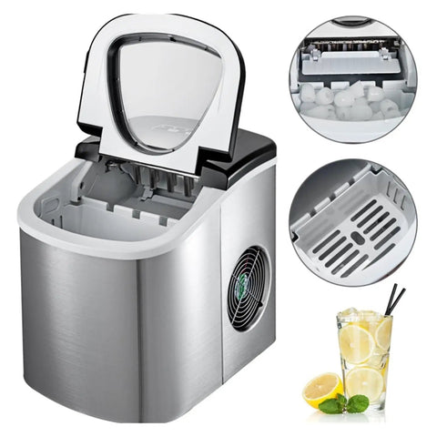 Countertop Ice Maker Automatic Portable For Home One Touch Operation, silver design with ice bin, ideal for home use.
