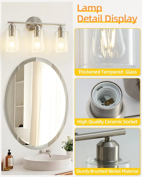 Three Light Bathroom Vanity Light Fixture In Brushed Nickel With Clear Glass Shades Over Mirror Wall Sconce No Fuss Easy To Install