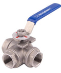 Three Way Ball Valve With T Mounting Pad Built Tough Stainless Steel 304 With Vinyl Locking Handle Three Quarter Inch NPT 1000 WOG