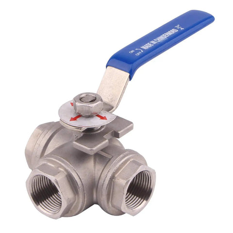 Three Way Ball Valve With T Mounting Pad Built Tough Stainless Steel 304 With Vinyl Locking Handle Three Quarter Inch NPT 1000 WOG