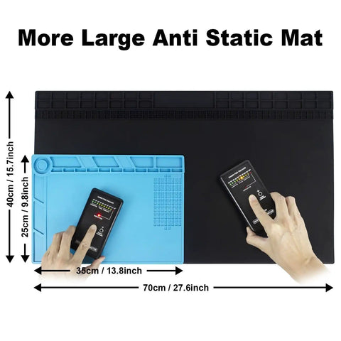 Extra Large Anti Static Soldering Mat With Grounding Accessories And Wrist Strap, Pro Grade And Heat Resistant Up To 932F, Large Silicone ESD Safe Work Pad For Electronics Assembly, 27.6 Inch By 15.7 Inch, Black comparison with smaller blue mat