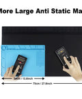 Hands demonstrating use of Extra Large Anti Static Soldering Mat Pro Grade Gear Heat Resistant 932 Degrees Fahrenheit Silicone ESD Safe Work Pad in black.