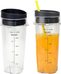 Two Ninja Blender Cups 16 Ounce Single Serve Replacement Cups with Sip Lids for BL770 BL780 BL660, one with orange juice.