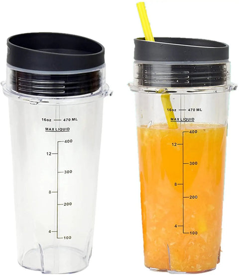 Two Ninja Blender Cups 16 Ounce Single Serve Replacement Cups with Sip Lids for BL770 BL780 BL660, one with orange juice.