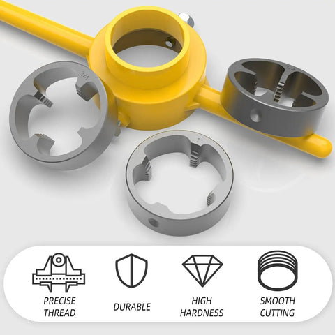Meanlin 2Pcs Pipe Threader Kit With Npt Die Set For Plumbing Work, featuring yellow handle and three alloy dies for precise threading.