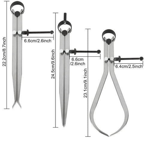 Three-view image of Acrux7 8-inch carbon steel spring caliper set, outside divider calipers for wood turning