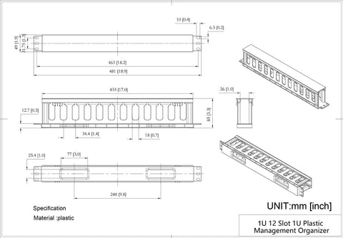 Technical drawing of 2 Pack 1U 12 Slot Horizontal Rack Cable Management Organizer For 19 Inch Racks Plastic With M6 Screws And Cage Nuts
