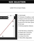Size selection diagram for Solid No Hassle Remote Control Electric Attic Pull Down Ladder with measurements for installation.