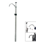 Built Tough Manual Piston Oil Drum Pump For 55 Gallon Barrels Corrosion Resistant Stainless Steel Transfer Rig from side with spout.