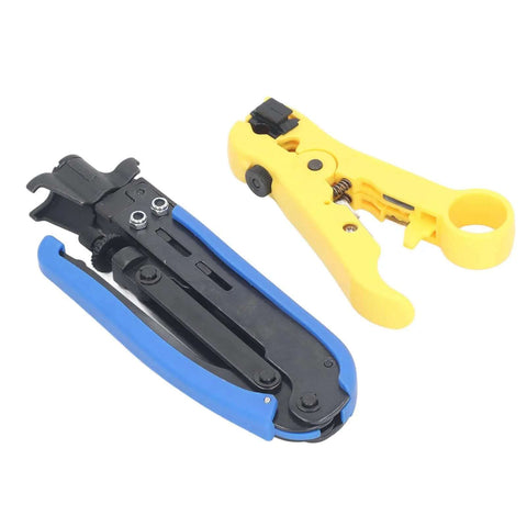Coaxial Cable Crimping Pliers Set For RG6 RG59 RG11 F Connectors, adjustable crimper and stripper tool kit with reversible blades.