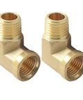 Pair of brass 90-degree barstock elbow fittings, 1/4-in NPT male to female, forged plumbing connectors.