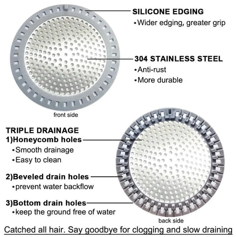 Front and back view of 2 Pack Shower Drain Hair Catchers With Stainless Steel Mesh And Soft Silicone Edging For No Fuss Debris Capture 4.75 Inch Diameter Rust Resistant Fits Most US Shower Drains, showing honeycomb and triple drainage holes.