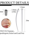 14G Piercing Taper Kit With 2mm Titanium Extension Poles, hypoallergenic ASTMF136, shown with size measurements.