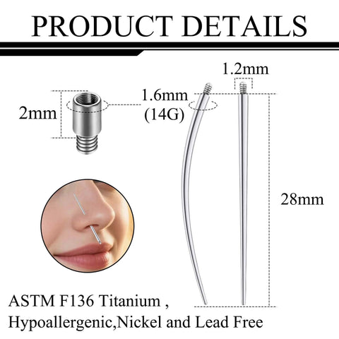 14G Piercing Taper Kit With 2mm Titanium Extension Poles, hypoallergenic ASTMF136, shown with size measurements.