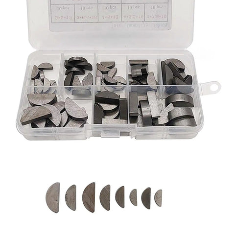 Pro Grade Engine Key And Half Moon Wedge Set In Storage Box Carbon Steel Spring Wedges displayed in transparent box