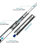 Heavy Duty Steel Drawer Slides 300mm Full Extension Ball Bearing Side Mount With Soft Close And Security Lock displayed with section dimensions.