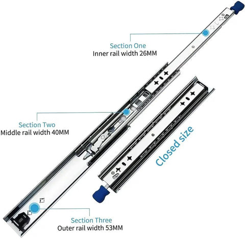 Heavy Duty Steel Drawer Slides 300mm Full Extension Ball Bearing Side Mount With Soft Close And Security Lock displayed with section dimensions.