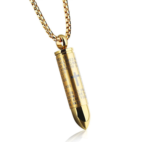 Gold Bullet Pendant Necklace With Engraved Cross And Bible Charm Premium Stainless Steel Unisex Jewelry on chain