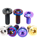 Colorful titanium alloy flying saucer head screws set in plum blossom anti-theft burnt blue finish, 4 pack M4 to M10, CNC machined Ti 6Al 4V.