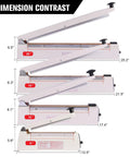 Comparison of 16 Inch Heavy Duty Manual Impulse Sealer with other sealers, dimensions labeled, showcasing size differences for packaging.