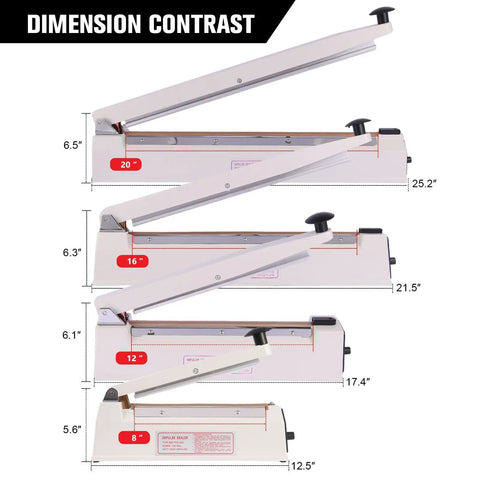Comparison of 16 Inch Heavy Duty Manual Impulse Sealer with other sealers, dimensions labeled, showcasing size differences for packaging.