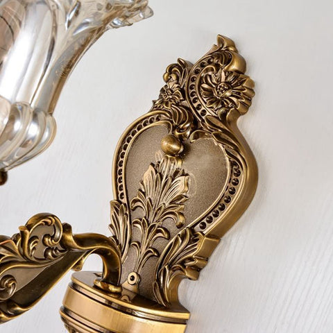 Old-School Antique Brass Wall Sconce With Two Heads, Beveled Crystal Shade, Vintage Floral Design detail on arm and base