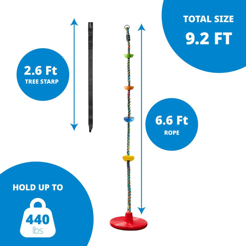 Red Disc Seat Swing For Kids With Easy Install Rainbow Climbing Rope Carabiner And 4 Foot Strap Treehouse Style Outdoor Playground