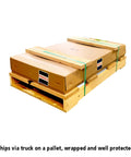 64 Inch Heavy Duty Workbench With Four Adjustable Bench Vises And Twelve Vertical Storage Lockers Top Shelf Maple Hardwood Badass Steel Garage Station Setup packaged on a pallet.