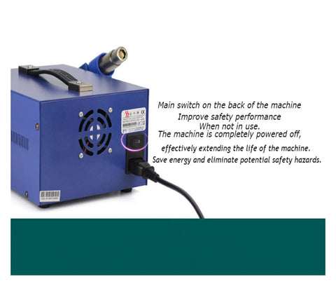 Ultimate 3 In 1 Soldering Power Supply Set With Hot Air Gun And Iron for BGA Rework Station, focus on main switch and connection.