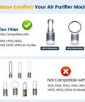 Comparison chart showing air purifier models compatible with Replacement Filter For Dyson Desk Purifiers HP00 HP01 HP02 HP03 DP01 DP02 - Compatible With Dyson Pure Cool Link And Pure Hot Cool Link Units - Easy Install, Durable Filtration, Long Lasting Air Quality, Compare To 968125-03 and those not compatible.