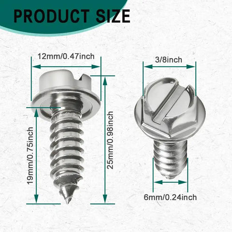 Heavy Duty Stainless Steel License Plate Screws Zero Rattle Bolt Set For Daily Drivers Silver slotted hex head dimensions and size.