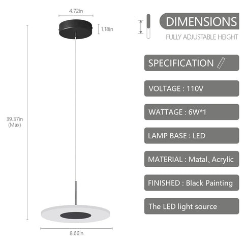 Dope Modern Black Pendant Lights Set Of 3 With LED 6000K Cool White Ceiling Fixtures details and dimensions diagram