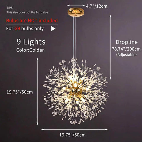 Gold Crystal Sputnik Ceiling Light Fixture Nine Light Pendant For Modern Living Room And Dining Room, dimensions shown.