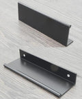 Edge Finger Pulls 2 Pack Hidden Cabinet Handles for kitchen and closet cabinets, black aluminum, shown from side and top angles.