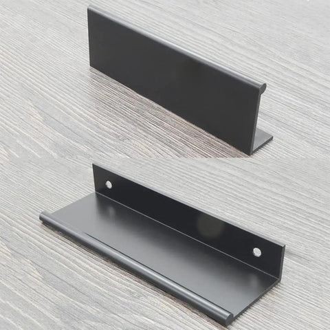 Edge Finger Pulls 2 Pack Hidden Cabinet Handles for kitchen and closet cabinets, black aluminum, shown from side and top angles.