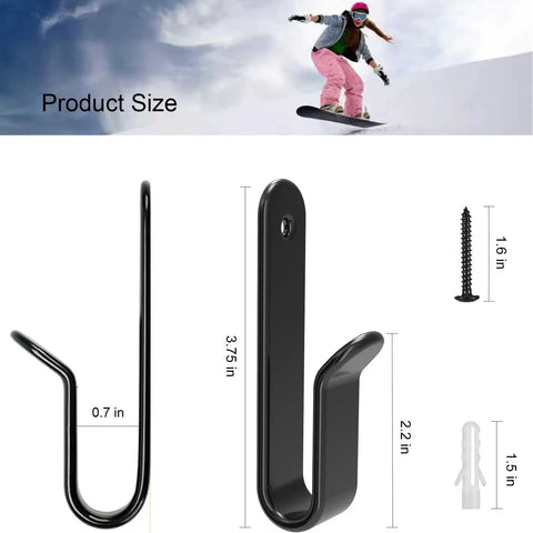 4 Pack Snowboard Wall Mount Clips With Screws For Indoor Storage And Display Horizontal Snowboard Rack Wall Hangers Durable Steel Mount Keeps Snowboards Secure Scratch Free In Room Or Garage, featuring side and front view of black clip with dimensions and included screw.