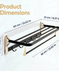 24 Inch Towel Rack Wall Mounted Adhesive No Drill Towel Storage Shelf With 5 Hooks For Bathroom Made From Aviation Aluminum Alloy Rustproof Matte Black Gold Finish Ultra Durable And Easy To Clean shown with dimensions labeled