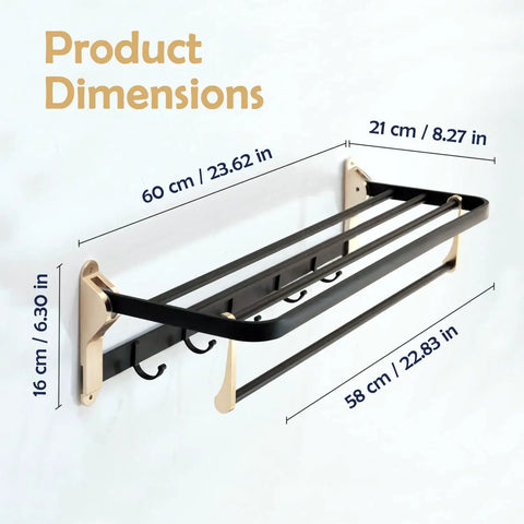 24 Inch Towel Rack Wall Mounted Adhesive No Drill Towel Storage Shelf With 5 Hooks For Bathroom Made From Aviation Aluminum Alloy Rustproof Matte Black Gold Finish Ultra Durable And Easy To Clean shown with dimensions labeled