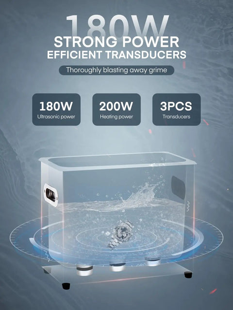 Diagram showing 180W Ultrasonic Cleaner With Heater And Timer, Stainless Steel Parts Washer For Engines, Bike Chains And Guns, 6.5L Tank