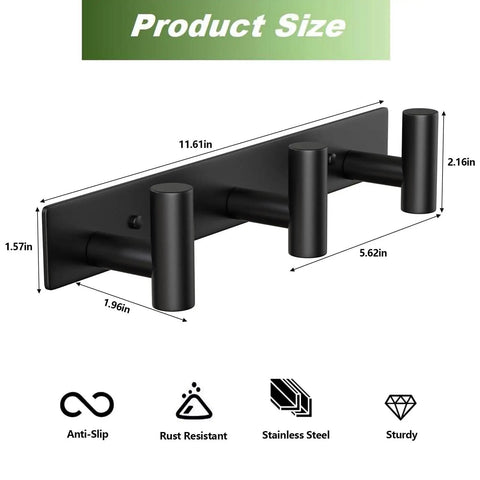 Heavy Duty Stainless Steel Wall Mounted Coat Rack With 3 Hooks Built To Last In Black Finish for towels, coats, bags, hats, and more