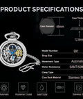Automatic Skeleton Pocket Watch For Men With Stainless Steel Chain, dual time, sun moon subdial, 48mm diameter, specs overview