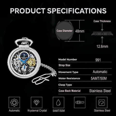 Automatic Skeleton Pocket Watch For Men With Stainless Steel Chain, dual time, sun moon subdial, 48mm diameter, specs overview