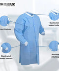 Blue Disposable Lab Coat Knee Length Unisex Chemistry Gown With Sleeves SMS Nonwoven Medical Coat For Laboratory Work Broad Protection Laboratory Coat Large with elasticized sealed collar and sleeves, three front pockets, and detailed stitching.
