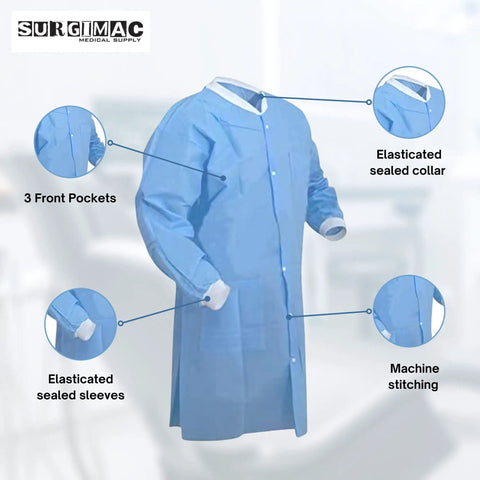 Blue Disposable Lab Coat Knee Length Unisex Chemistry Gown With Sleeves SMS Nonwoven Medical Coat For Laboratory Work Broad Protection Laboratory Coat Large with elasticized sealed collar and sleeves, three front pockets, and detailed stitching.