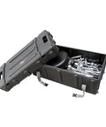 Smooth Ride Mid Size Drum Hardware Case With Roll Along Wheels And Easy Grip Pull Handle For No Sweat Gig Moves Heavy Duty molded shell with drum hardware inside.
