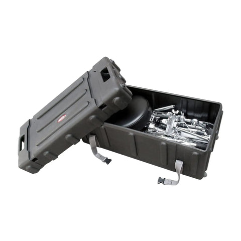 Smooth Ride Mid Size Drum Hardware Case With Roll Along Wheels And Easy Grip Pull Handle For No Sweat Gig Moves Heavy Duty molded shell with drum hardware inside.